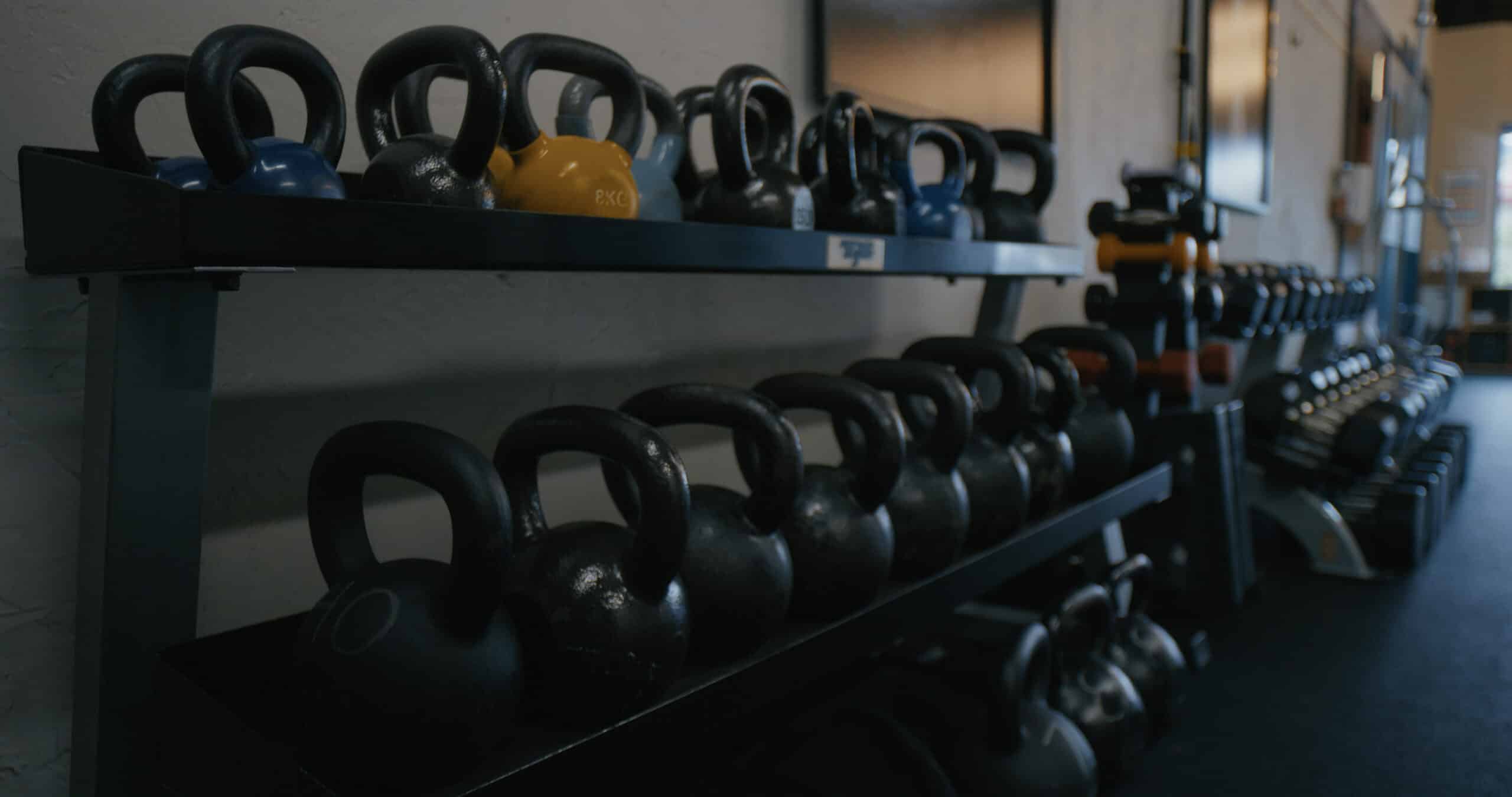 kettle bells on a rack
